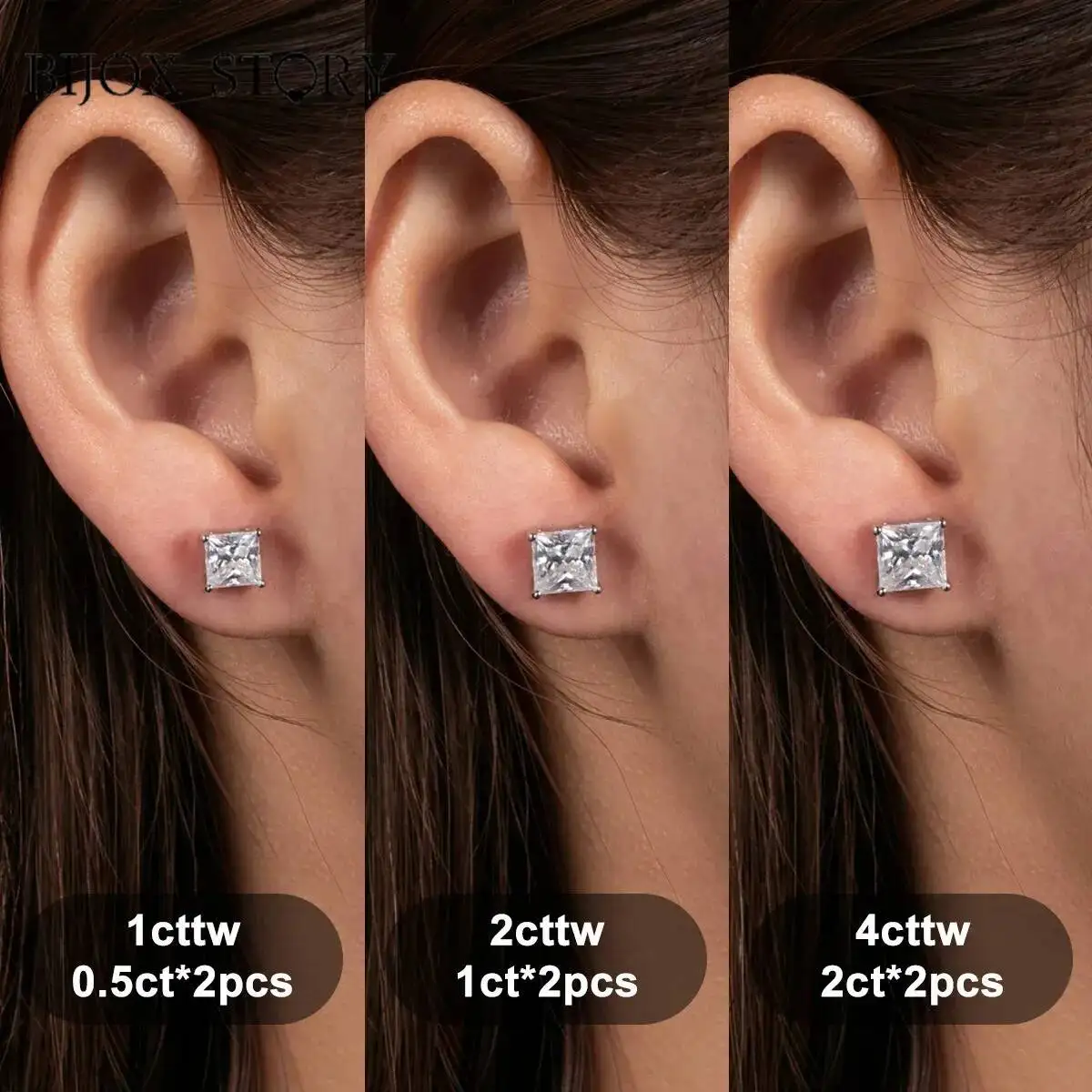 BIJOX STORY 1Carat Princess Cut Moissanite Stud Earrings S925 Silver 18K Gold Plated Fine Jewelry for Men Women Unisex Ear-studs