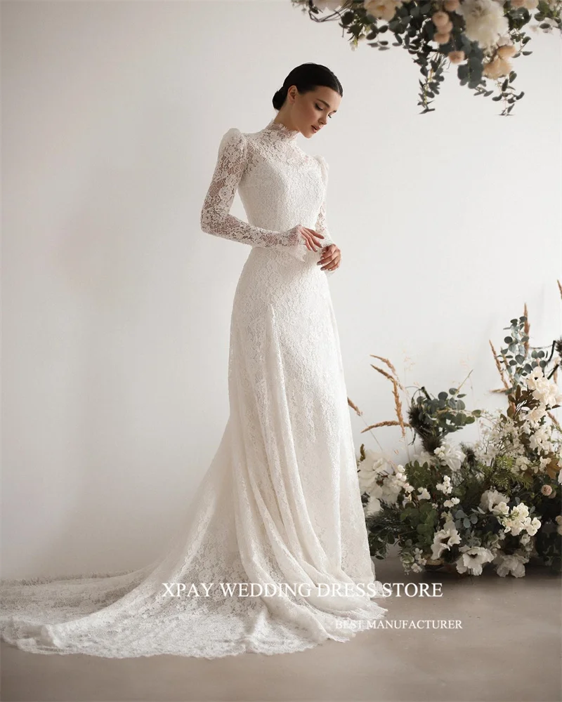 XPAY 2024 Modest High Neck Full Lace A Line Wedding Dresses Long Sleeves Sweep Train Elegant Bridal Gowns Vestido de noiva