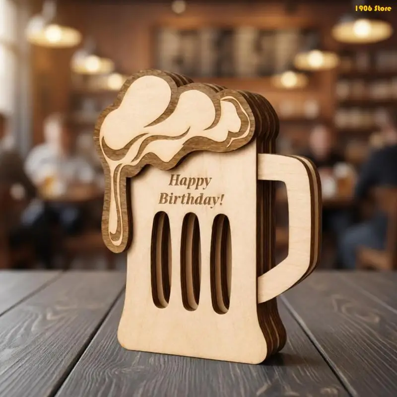 U1JB Beer Mugs Themed Wooden Card Holders Decors, Decorative Desktop Organiser with 3 Front Slot, Natural Display Decors