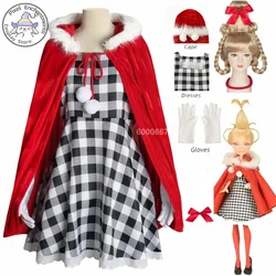 Cindy Lou Who Cosplay Costume Red Hood Cloak Plaid Dress Green Braid Wig Christmas for Women Girls stage performance clothing