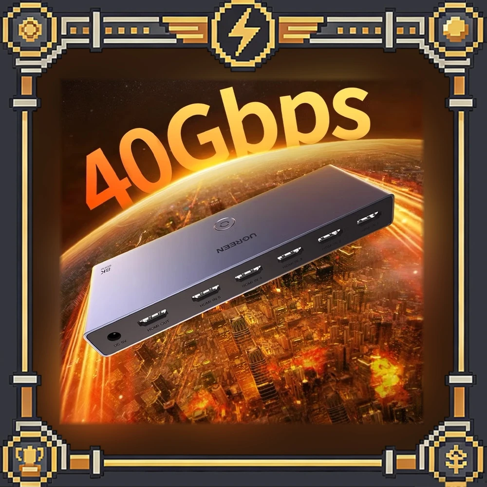 UGREEN 25141 HDMI Switch CM693 HDMI 2.1 5 Inputs 1 Output 8K60Hz 40Gbps Button and Remote Control Aluminum Alloy Housing