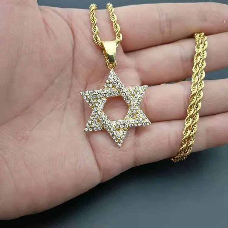 New 1pcs Hip Hop Rhinestone Gold Color Stainless Steel Necklaces Jewish Star Of David Hexagram Pendant Necklace For Men Rapper