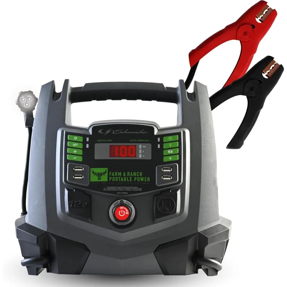 Schumacher Electric 1200A Jump Starter ومحطة طاقة محمولة للمزرعة والمزرعة، حل 5 في 1 لبطاريات 12 فولت