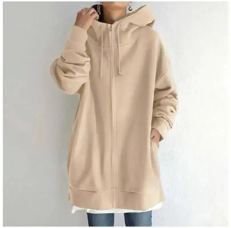 

Monochrome Loose Sleeve Sweatshirts, Korean Long Top, Personalized Street Hoodie With Zipper And Hood Coats, Women Clothing