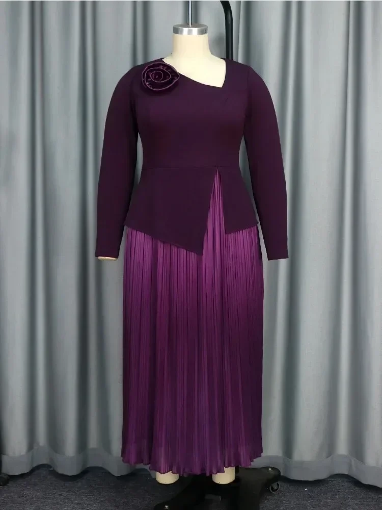 Robe imprimée violette plissée à la mode pour femmes, robes de soleil à manches longues, chic, élégante, mariage, église, nouveau, 2024