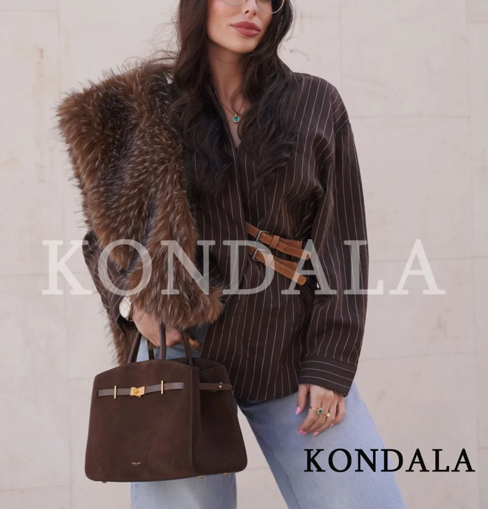 

Женская винтажная повседневная рубашка KONDALA в полоску кофейного цвета, модная рубашка с пряжкой на талии для работы, новинка 2026 года, весна-лето, модная женская рубашка