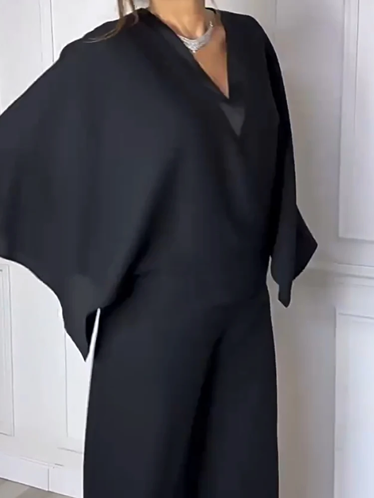 

Sexy V-neck Bat Sleeve Solid Color Jumpsuit Fashion Simple Comfortable Long Romper Women's Casual Wide Legger Party Playsuits