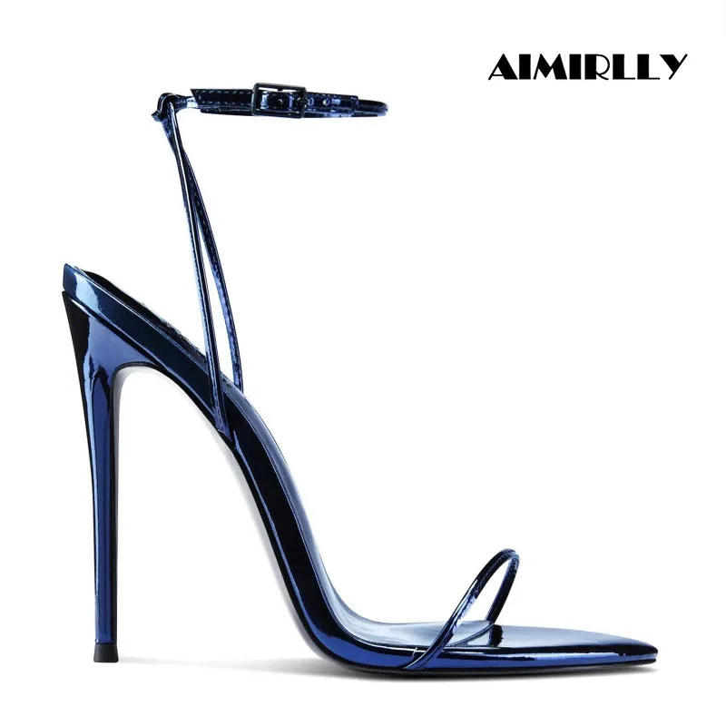 

Luxury Pink Metallic High Heel Sandals Women Ankle Strap Stiletto Heels Open Toe Sexy Party Wedding Dress Shoes
