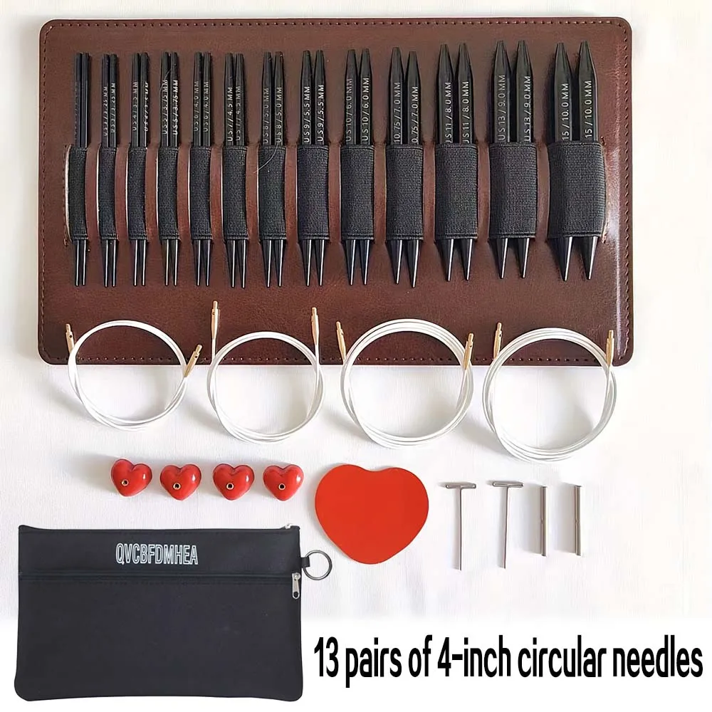 

Набор из 13 4-дюймовых 10 см черных съемных алюминиевых круглых игл 3,0-10,0 мм с футляром и аксессуарами, набор крючков для вязания для женщин