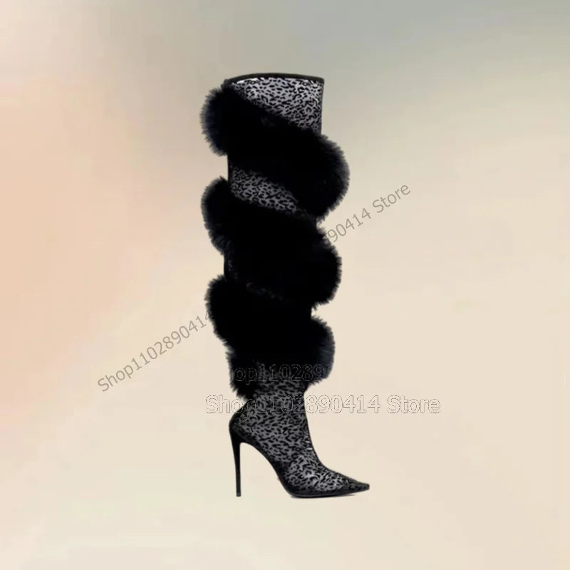 Botas femininas de dedo pontiagudos com estampa de leopardo, sapatos deslizantes, salto alto fino, decoração de pele preta, festa de moda, 2021