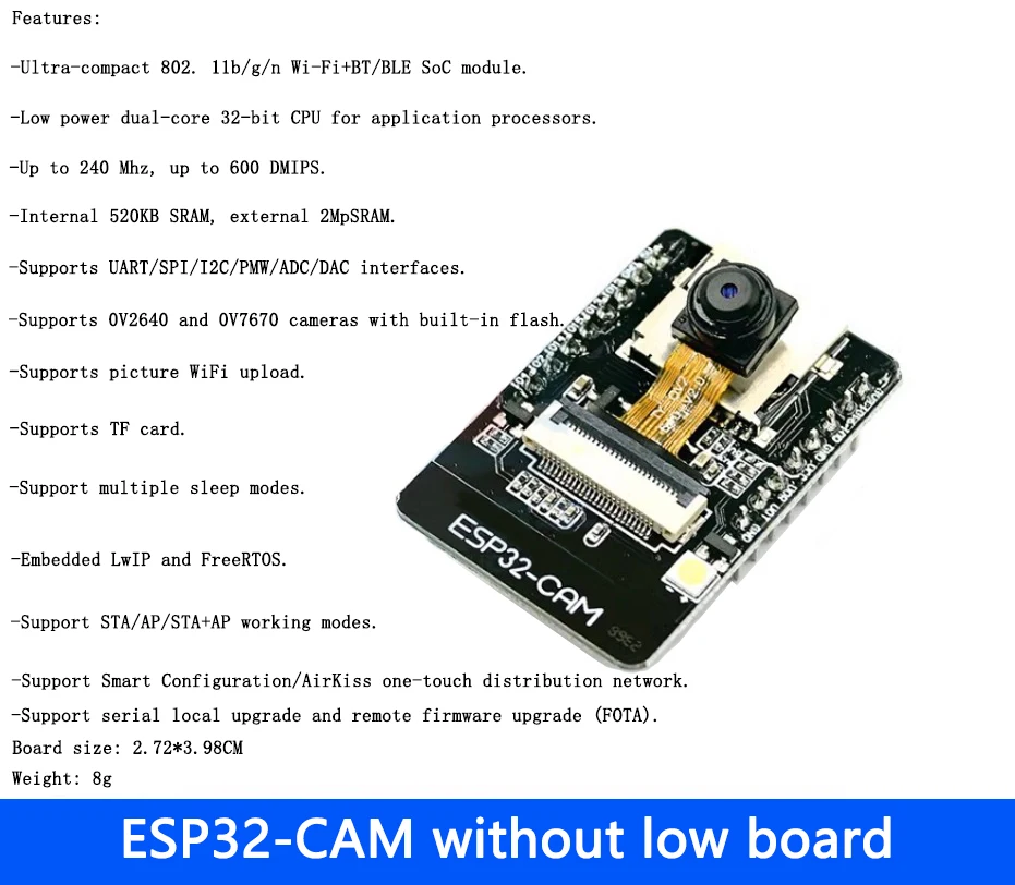 Module WiFi ESP32 CAM ESP-32S série vers carte de développement ESP32-CAM 5V Bluetooth avec caméra OV2640