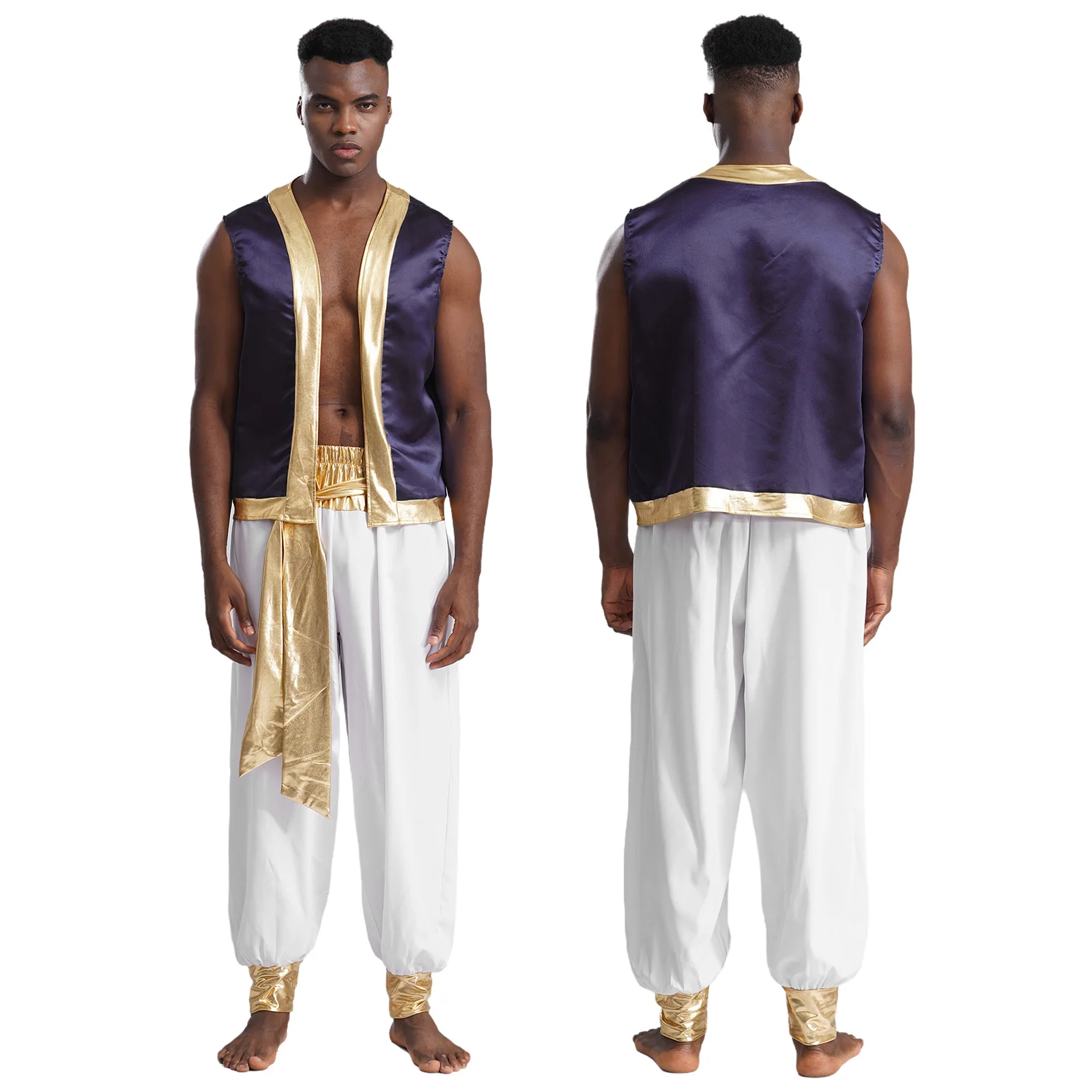 Mens Roleplay Arabian Prince Costume Metallic Shiny Trim Open Front Vest with Long Pants 2 Piece for Halloween Cosplay Party