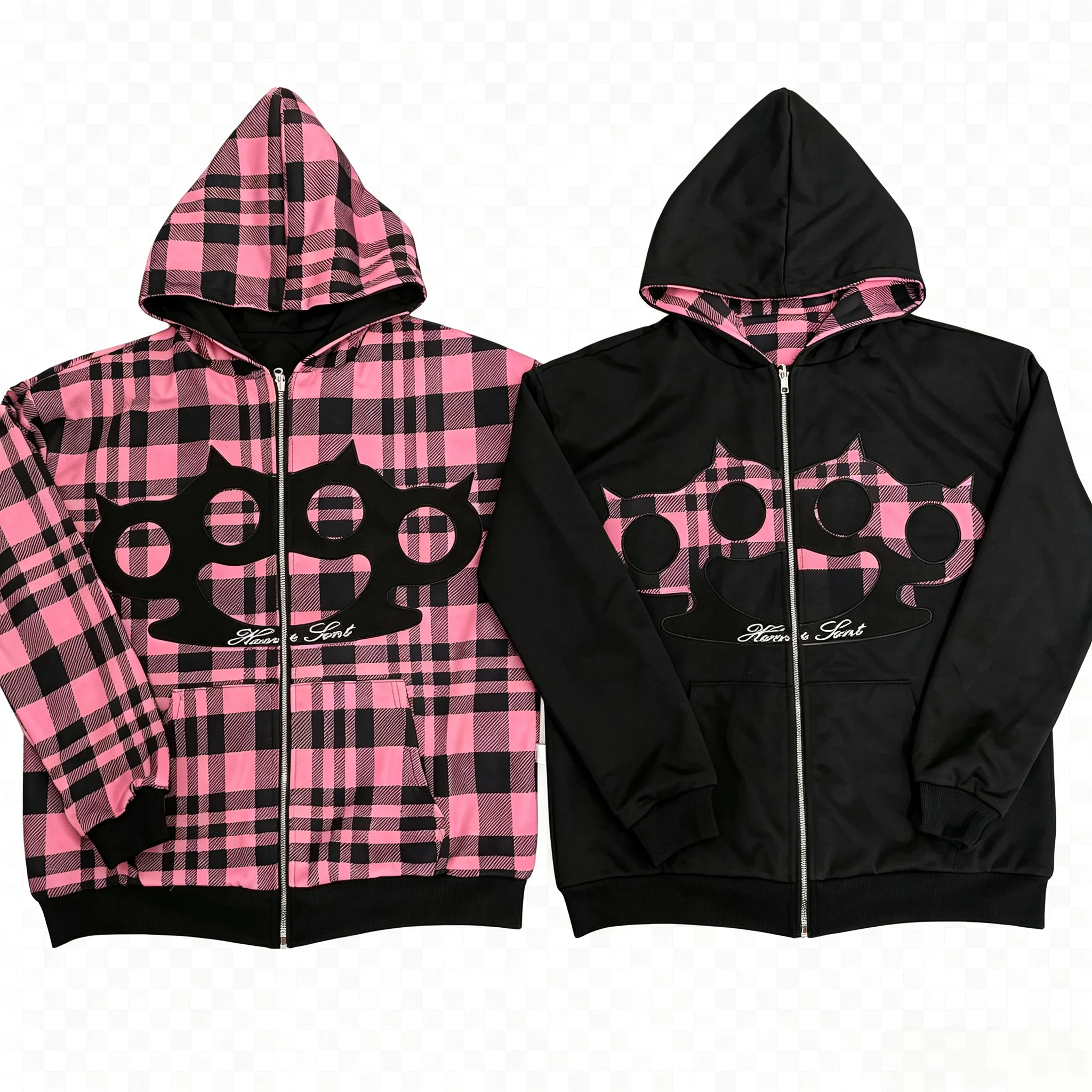 Harajuku Punk-Stil Buchstaben-Stickerei Aufkleber-Hoodie Langarm-Reißverschluss Doppelseitige Oberbekleidung Street-Trend Persönlichkeitskleidung