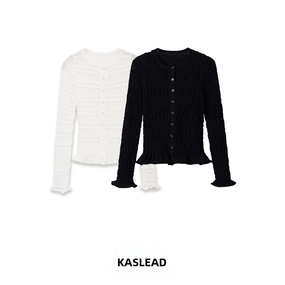 KASLEAD Women's Long Sleeve round Neck Knitted Puffiness Honeycomb Outerwear Polyester Fiber European Style Autumn Season
