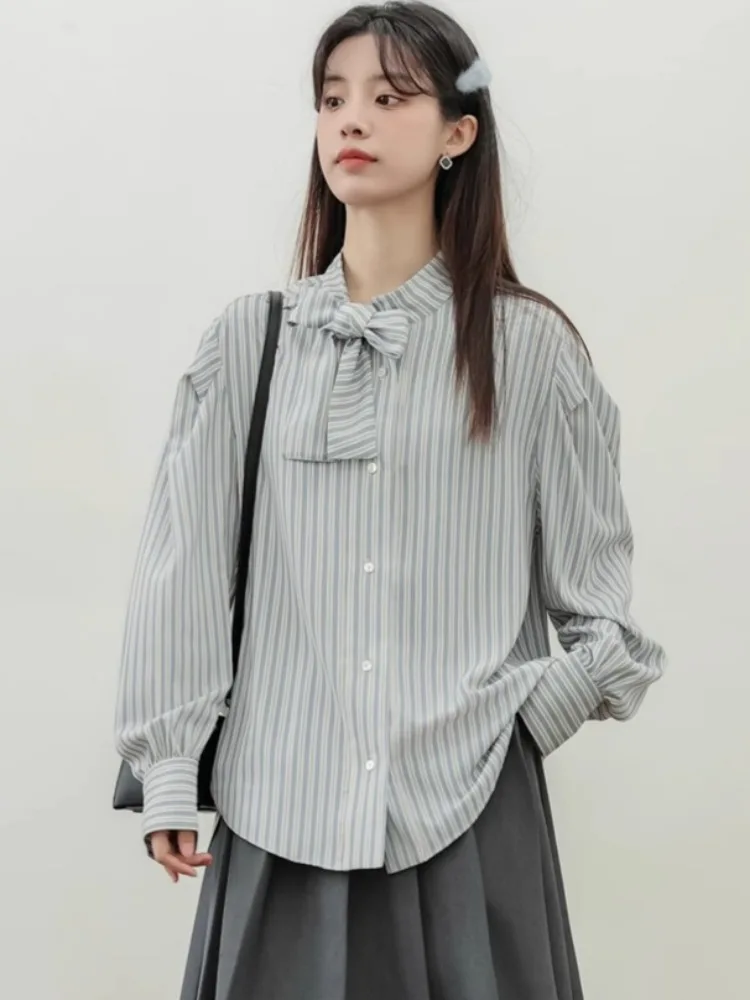 

Bow-design Shirts Women Loose Striped Korean Office Lady Simple All-match Tender Camisas Casual Preppy Style Long Sleeve