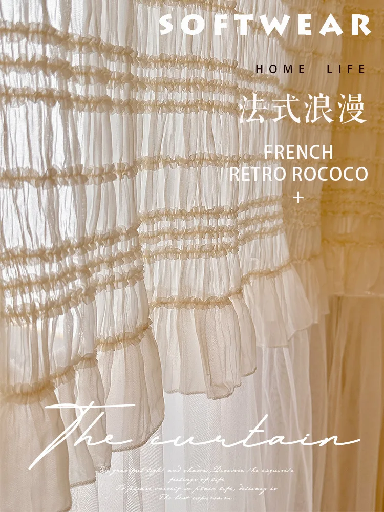 French Luxury Retro Cream Beige Lace Translucent Gauze Curtains for Living Room Bedroom Girl Room Princess Balcony Tulle