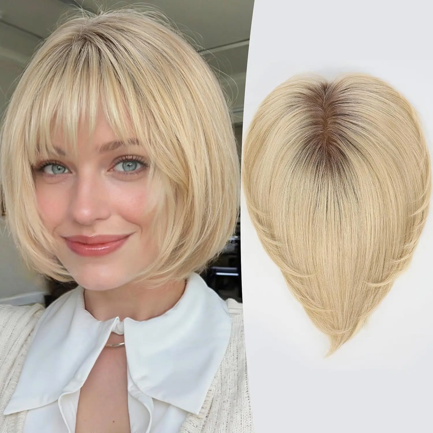 

10-дюймовый топпер из натуральных волос для женщин, светло-русый, с эффектом омбре, с пробоку, короткий боб с челкой, 6,5x6,5 дюймов, топпер для волос на шелковой основе