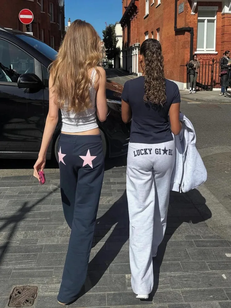 بنطال رياضي مريح منخفض الخصر وواسع الساق للنساء بطباعة رياضية كاجوال للتخسيس على شكل نجمة وردية بخصر مطاطي من مزيج القطن #3