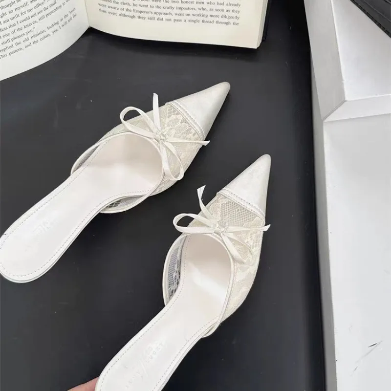 

New Style Fashion Elegant Mesh Fabric Butterfly-knot Pointed Toe Slippers Women Sexy Thin Heels Party Prom Mule Shoes Plus Size