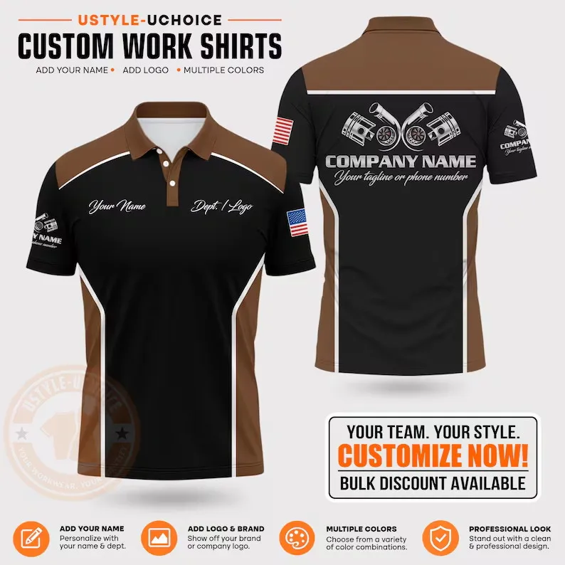 Custom Mechanic Work Polo Shirt Men Custom Name Company Logo Engine Piston Graphic Short Sleeve Automotive Technician Uniform