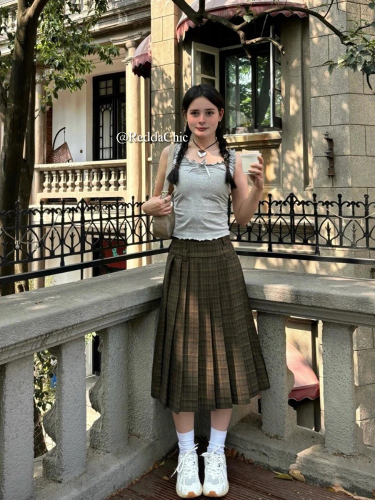 ReddaChic Vintage Green Checkered Pleated Skirt Women Teen Girls Tartan High Waist A-line Midi Long Skirt Casual School Uniform