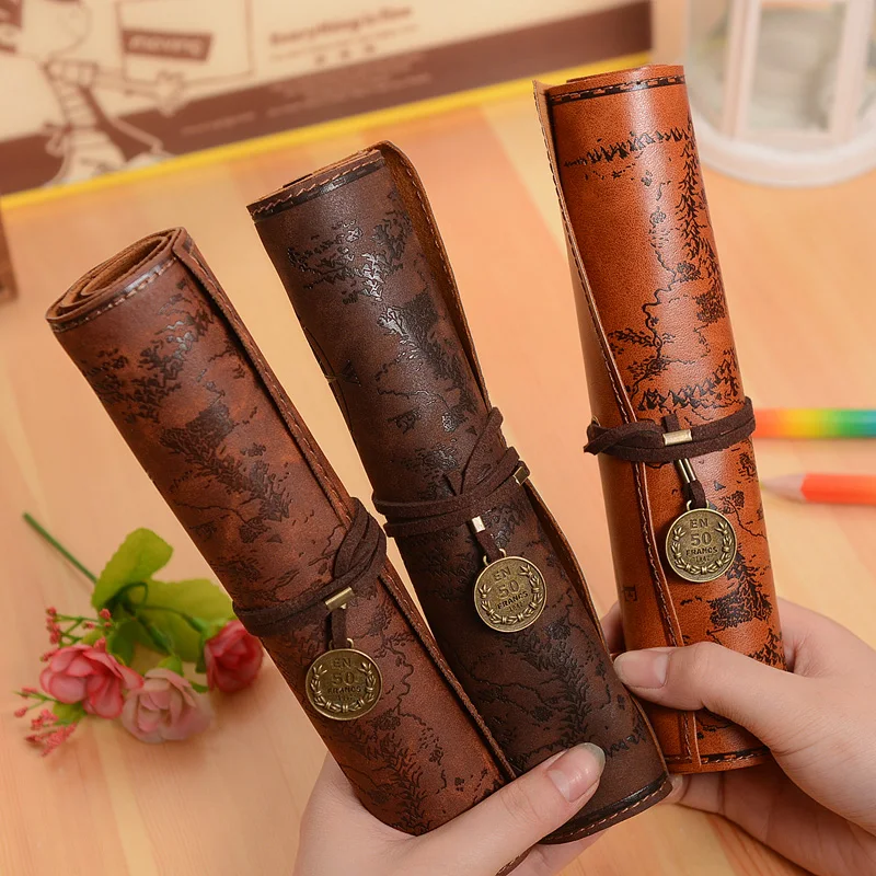 Retro Treasure Map Roll Pencil Case PU Leather Pencil Bag Large Cpacity Makeup Brush Holder Storage Pouch School Office Supplies