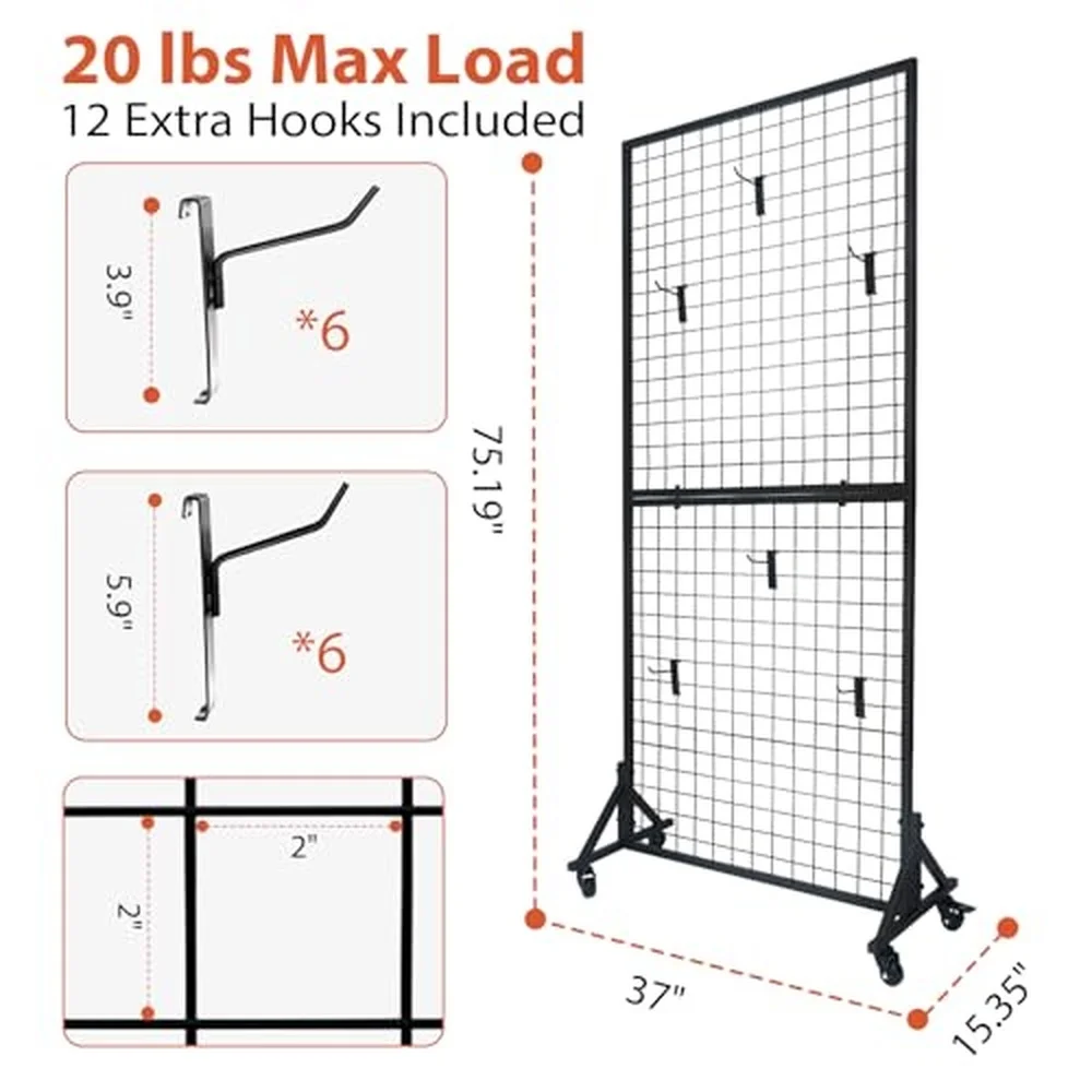 Yunphia 2 Packs 3'X 6' Two Gridwall Panels Display Stand with Sturdy T Base Black Wire Grid Wall Panels for Art Display