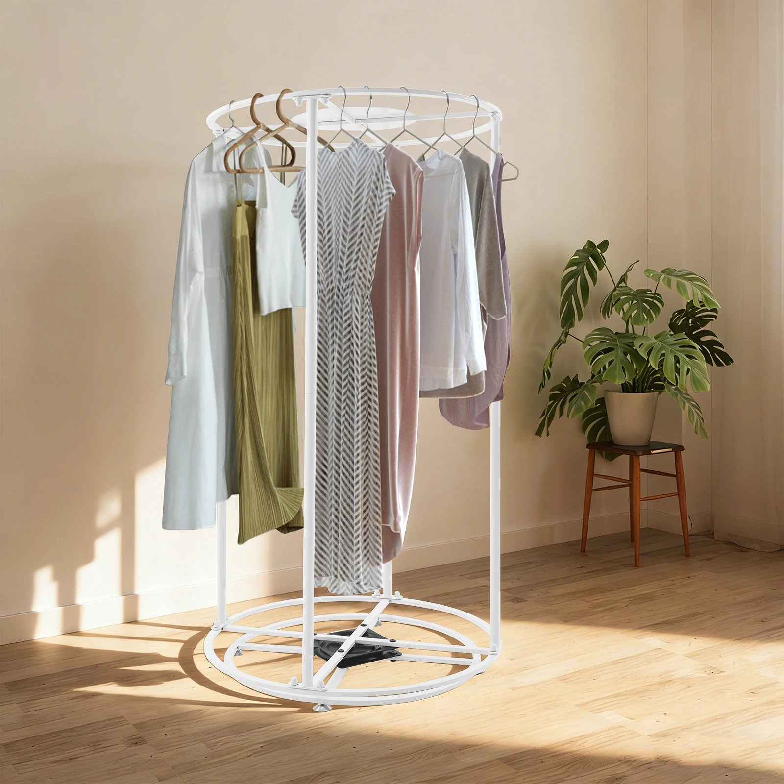 360° Rotating Clothes Rack, Garment Rack with Shelves, 100lbs Capacity Floor Standing Coat Stand for Bedroom, Boutique, Dorm