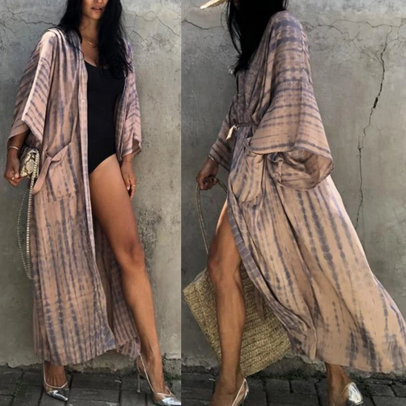 Phụ Nữ Dây Nơ-THUỐC NHUỘM Sọc In Áo Cardigan Kimono Mùa Hè Chống Nắng Tay Dài Thắt Lưng Đi Biển Đầm Maxi Hở Mặt Trước Đồ Bơi lên