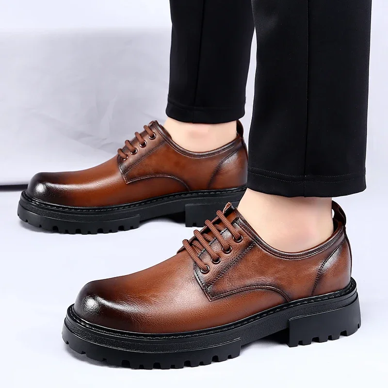 

Genuine Leather Dress Shoes Men lace up Thick Platform oxfords Business dress Work Formal Shoes Round Toe Vintage Footwear