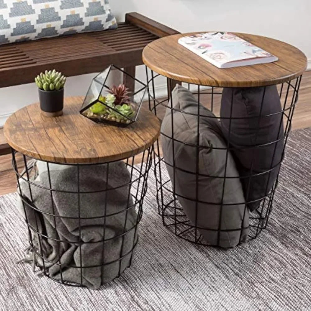 Set of 2 Nesting Storage Side Tables - Vintage Look with Wood Veneer and Metal Frame - Round End Tables with Storage Basket