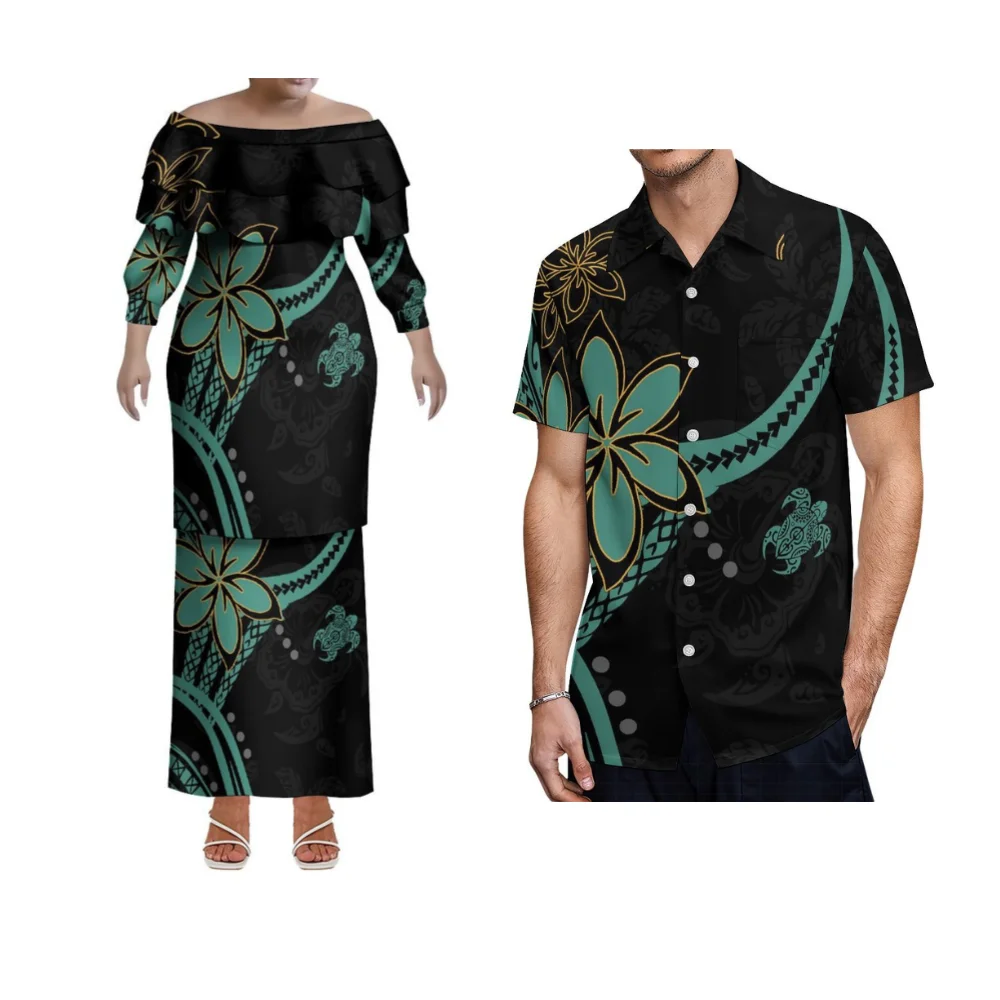 Colar de folha de lótus polinésia pletasi casal dupla camada vestidos de noite feitos sob encomenda samoan ternos de casal camisas masculinas
