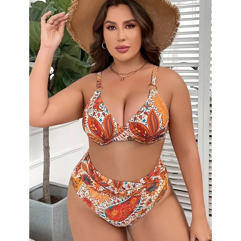 2024 Women\'s Plus Size High Waist Bikini Set Push Up Swimsuit Ruched Tummy Control Female Swimwear Two-Piece Swim Bath Suits