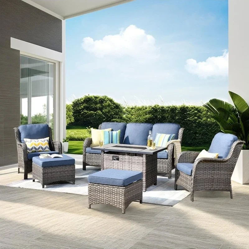 

Patio Furniture Sets 6 Pieces All Weather PE Wicker Rattan Outdoor Sectional Sofa Couch Conversation Set