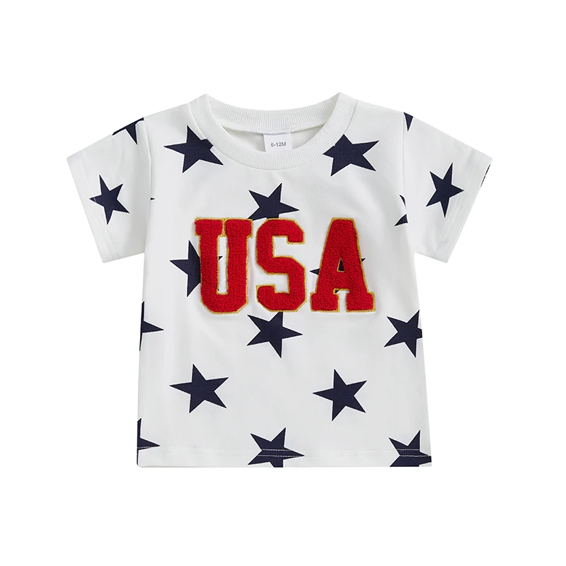 

Топы для маленьких девочек на 4 июля, свободная футболка свободного кроя с короткими рукавами и круглым вырезом со звездами и вышивкой букв