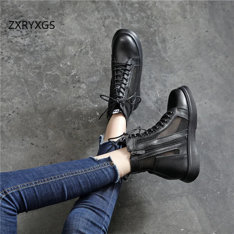 ZXRYXGS Premium Mesh Breathable Boots Flat Internal Elevation Black Shoes Trendy Boots Cross Straps Side Zip Women Boot New 2025