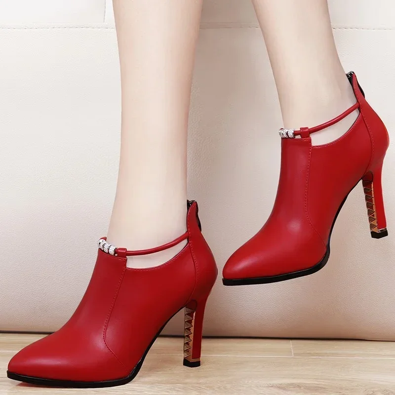 2023 New Women Red Women\'s Boots Stilettos Heels Ankle Boot Leather Casual Elegant Short Shoes Spring Summer Pumps Size 34