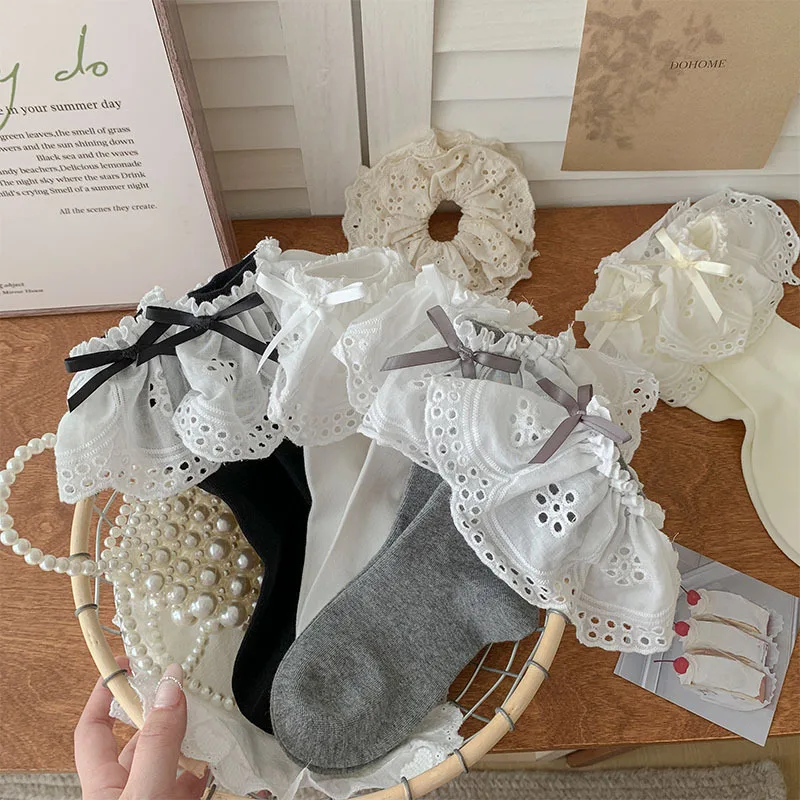White Bow Lace Socks for Girl Cute Detailed Crew Length Socks,All-Match Korean Ins Style Socks for School Casual Daily Wear
