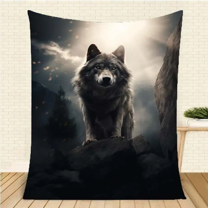 Cobertor de lã com estampa de lobo aconchegante, cobertor quente, adequado para viagens, sala de estar, escritório, sofá e cama, presentes para família e amigos