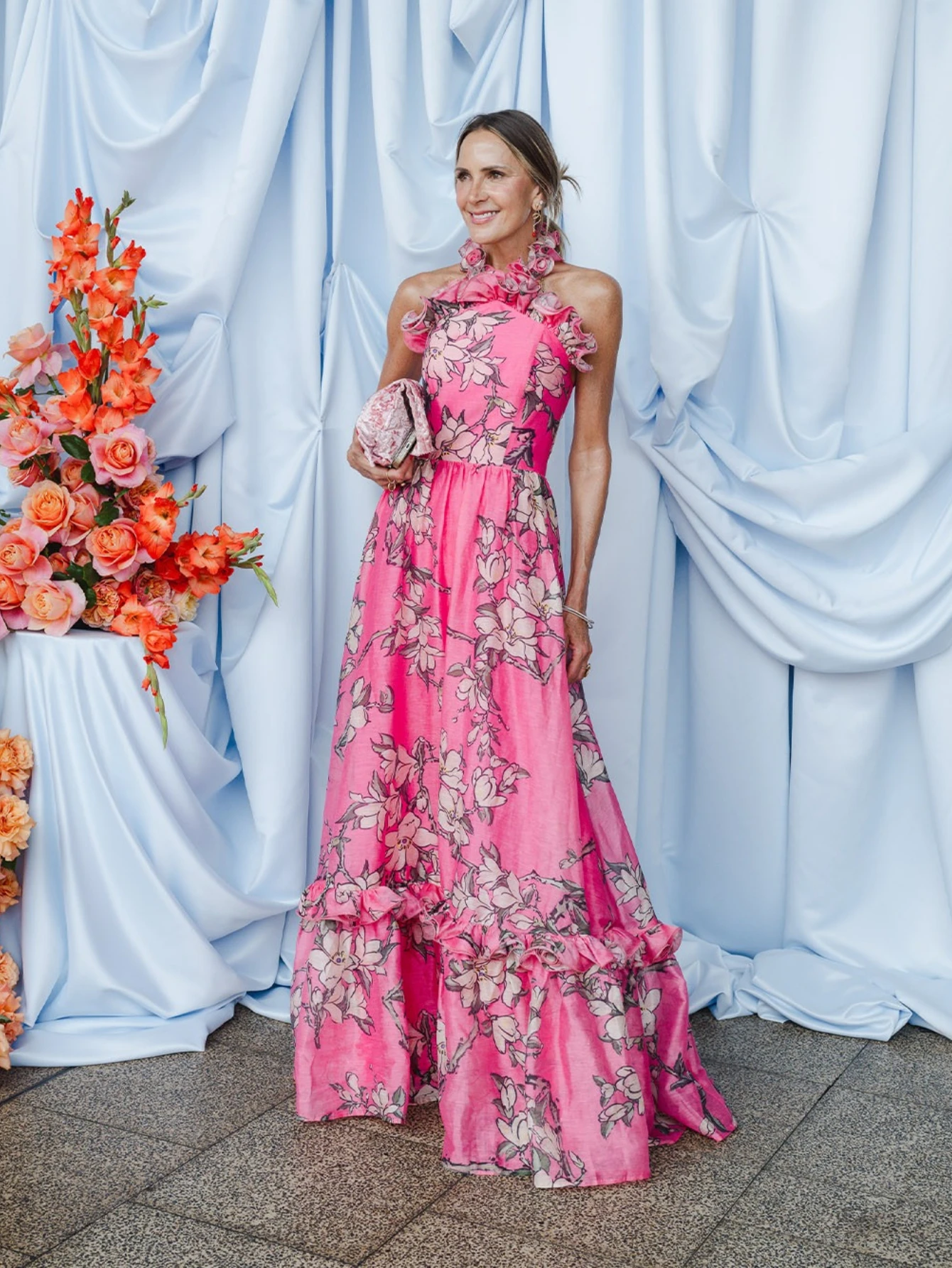 High Quality Runway Women Ruffled Halterneck Off The Shoulder Backless Floral A-line Maxi Dress