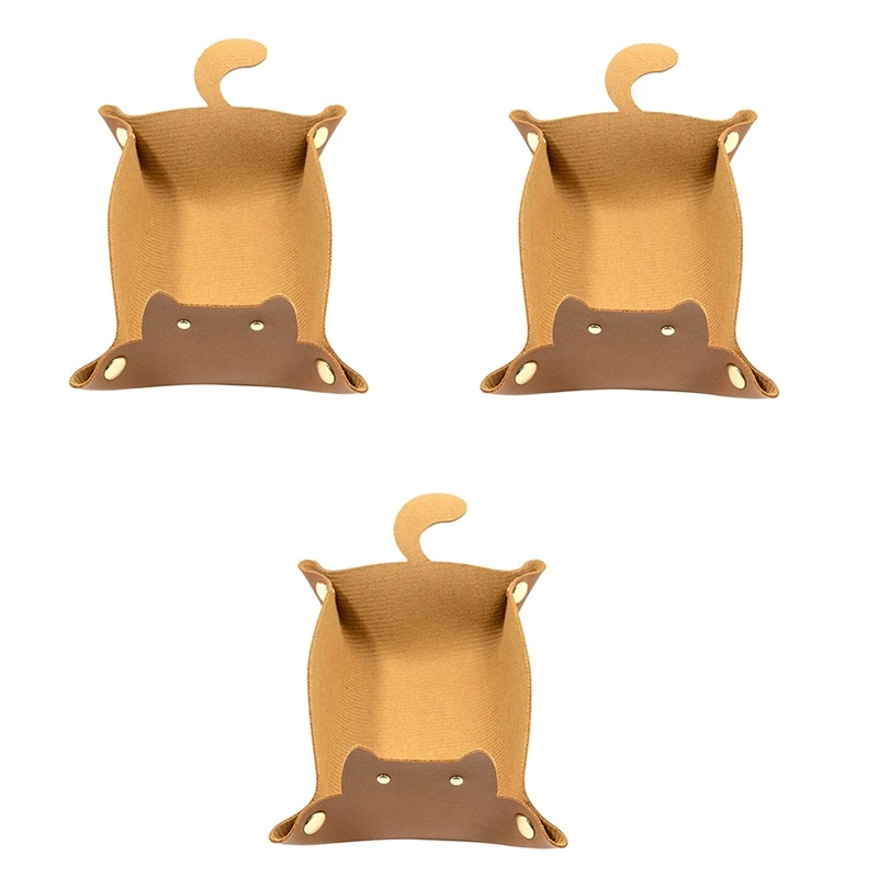 3Pcs Pad Cute Cats Shaped Leather Valet Tray,Jewelry Tray For Coffee Table,Decorative Desk Organizer,Catchall Tray Brown Durable