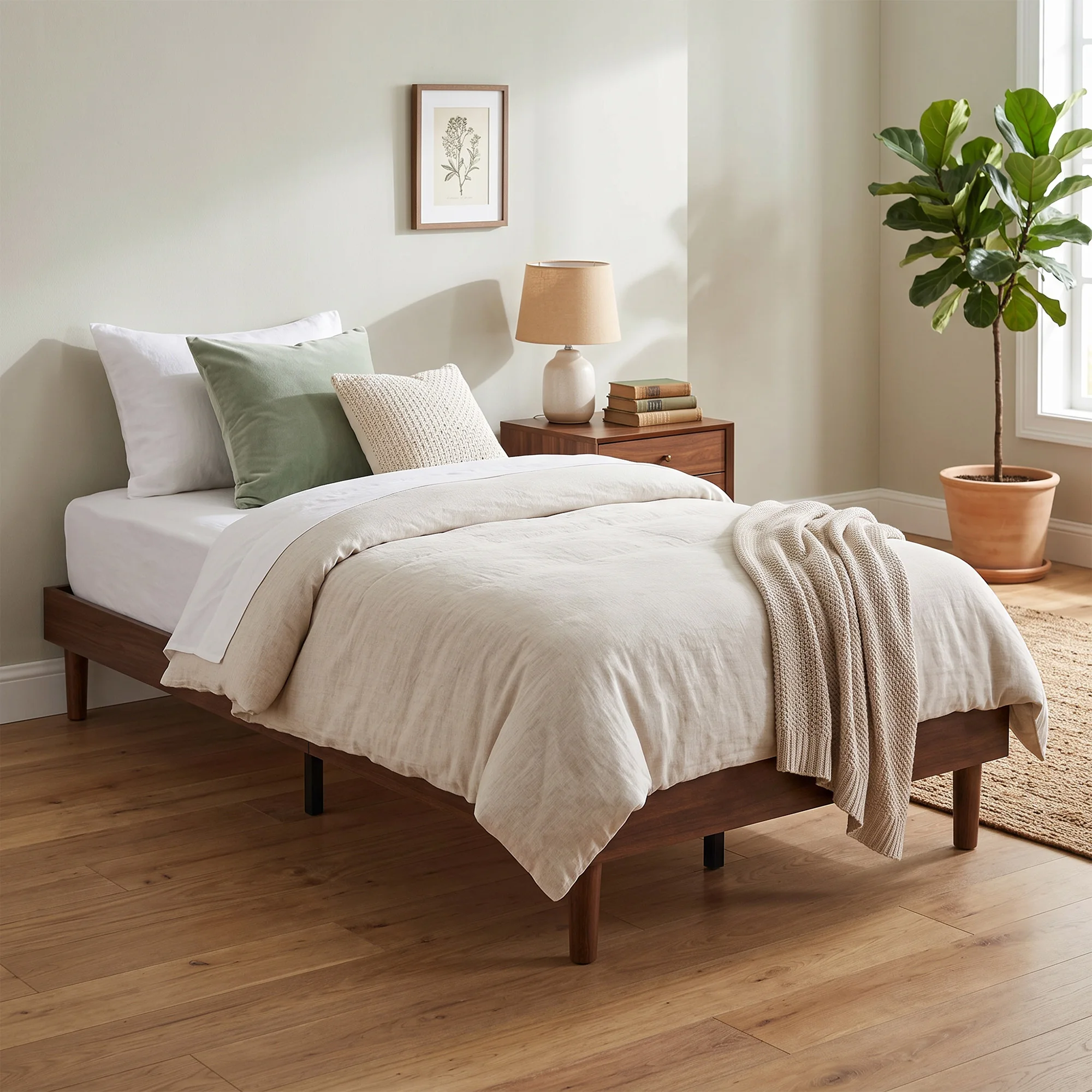 KING/QUEEN/ULL/TWIN Wood Platform Bed Frame with Sturdy Slats No Headboard Noise-Free Under Bed Storage Walnut Color