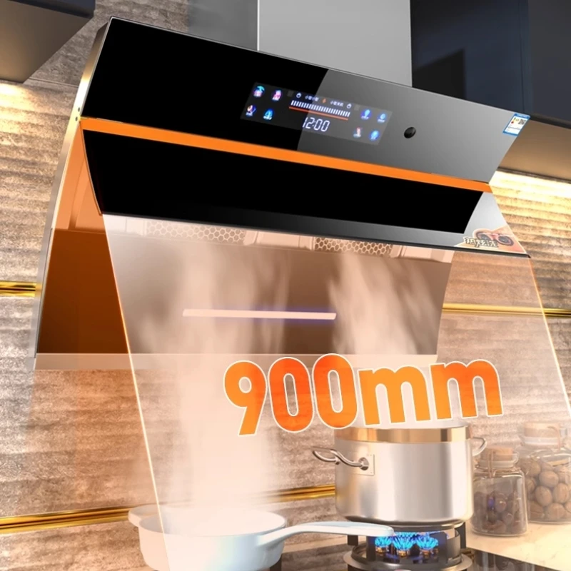 Chimney Range Hoods Smart Home Kitchen Extractor Wall-Mounted LED Vented Glass Panel AI Voice Control Dual Copper Motors