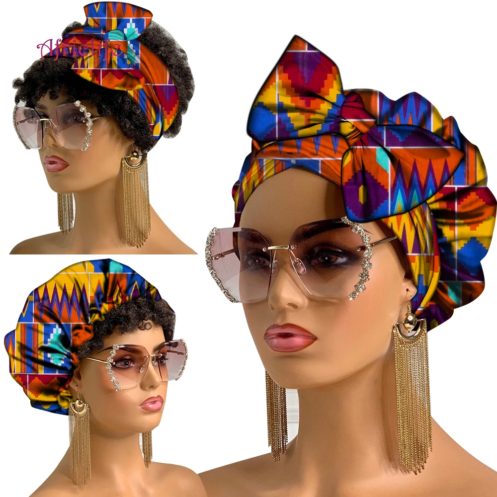 African Turban Cap with Ties African Material Cotton Two Pieces Set Ankara Bonnet and Headwrap Women Hair Accessories Wyb798