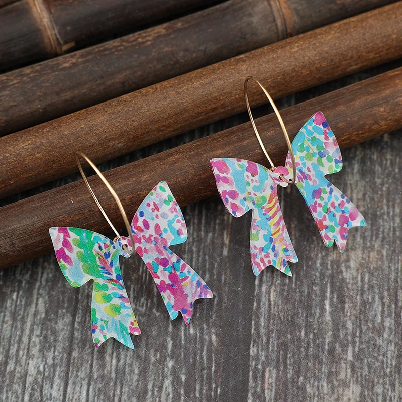 خمر البوهيمي الذهب اللون الملونة ربطة القوس فيونكة الاكريليك استرخى أقراط للنساء الملحقات #2