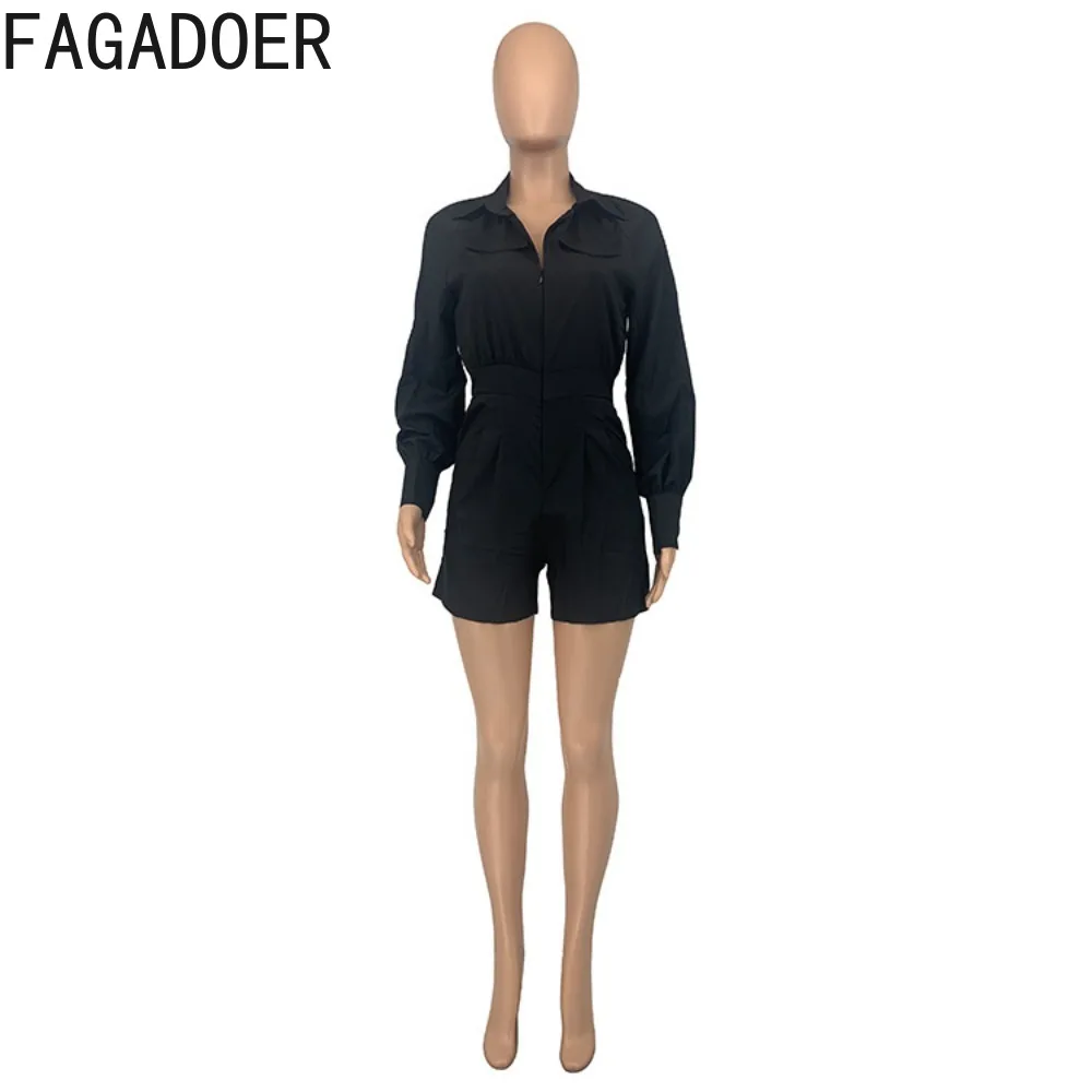 FAGADOER Elegant Lady Solid Pocket Cargo Rompers Women Turndown Collar V Neck Long Sleeve Jumpsuits Fashion OL One Piece Overall