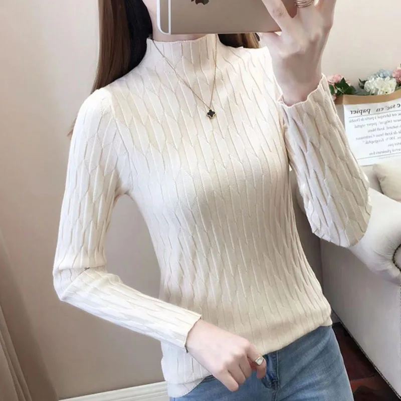 

Knitted Sweater Women Pullovers New Long Sleeve Black Knit Sweater Pullover Women Tops Mock Neck Sweaters Sueters De Mujer Q3385