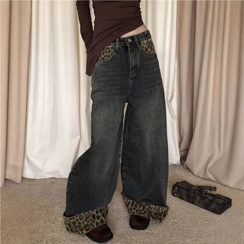 Trend Retro Street coreano Y2K stampa leopardata patchwork design jeans a gamba larga donna pantaloni larghi a gamba dritta bordi arrotolati ragazza