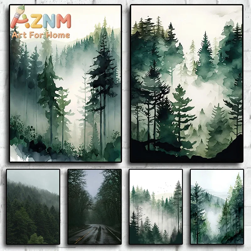 Foggy Mountain Misty Forest Pine Sage Green Wall Art Canvas Painting Nordic Poster and Prints Wall Picture for Living Room De