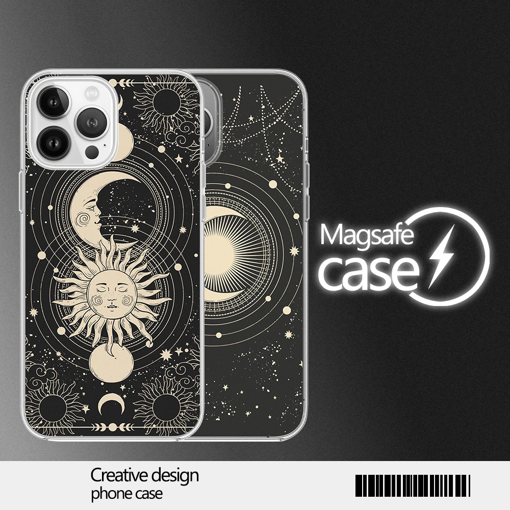 Black Celestial Sun Moon Star Phone Case for iPhone 12 11 13 14 15 16 Max Pro Plus Magsafe Magnetic Wireless Cover